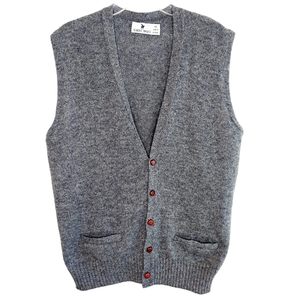 VINTAGE Robert Bruce Cardigan Sweater Vest Wool XL Gray Union Made USA Pockets - Picture 1 of 12